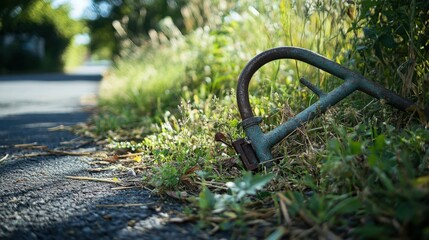 A close-up of a discarded, broken bicycle lock tangled in weeds on a neglected street, Representing urban neglect and the decline in transportation infrastructure