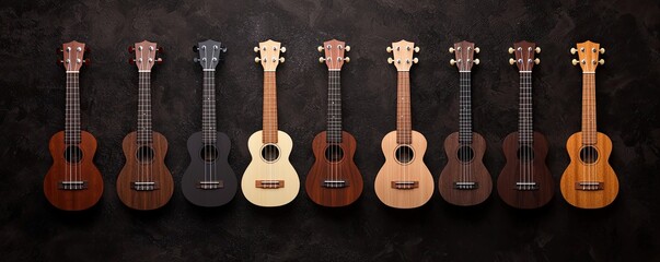 Naklejka premium A row of various ukuleles displaying different wood finishes and styles, set against a dark background.
