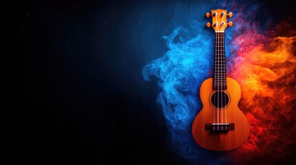 Obraz premium Play Your Ukulele Day. A vibrant ukulele stands against a dramatic backdrop of blue and orange smoke, highlighting its wooden texture and musical charm.