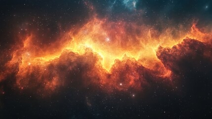 Obraz premium A close up of a bright orange and yellow nebula with stars