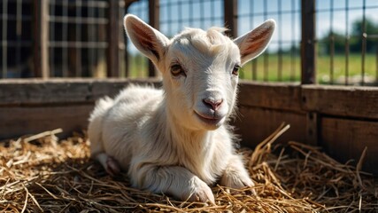 Obraz premium A baby goat is comfortably laying in the soft hay inside a cage