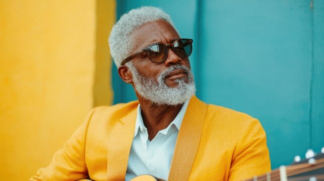 Senior man with gray beard and sunglasses playing acoustic guitar on a porch enjoying music as a creative hobby and leisure activity during retirement