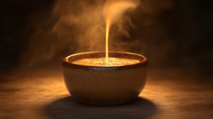 Steaming Hot Liquid in Earthenware Bowl