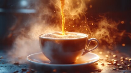 Fototapeta premium Steaming Coffee Pouring Into White Cup