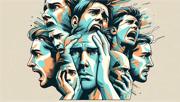 Illustration capturing the vivid emotions and expressions of anxiety through multiple overlapping faces in a dynamic and abstract composition