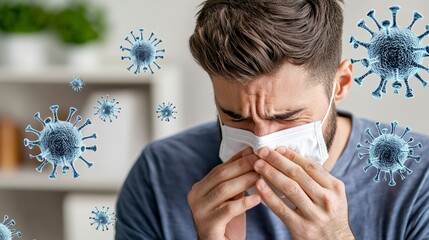 Man Sneezing in Mask Surrounded by Allergens and Viruses