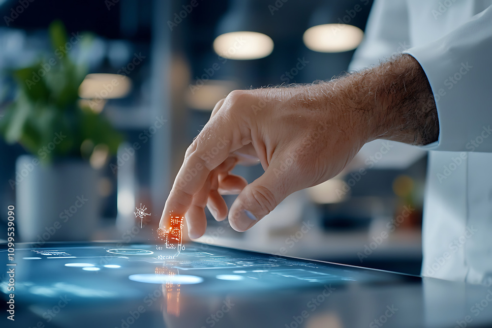 Poster interactive digital transaction monitoring holographic technology demonstration in modern office spa