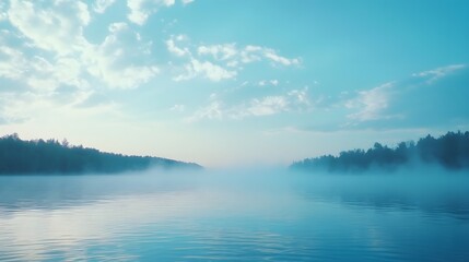 Obraz premium Serene Misty Lake Landscape with Silhouetted Trees