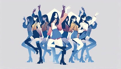 Contemporary digital artwork of kpop women dancing in harmony with abstract colors and lines, capturing the essence of unity and movement Depicting a synchronized group