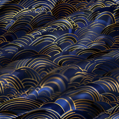 Fototapeta premium Elegant Japanese Seigaiha Wave Pattern Design in Stunning Shades of Blue and Gold, Perfect for Textiles, Wallpapers, or Digital Applications, 3D Effect