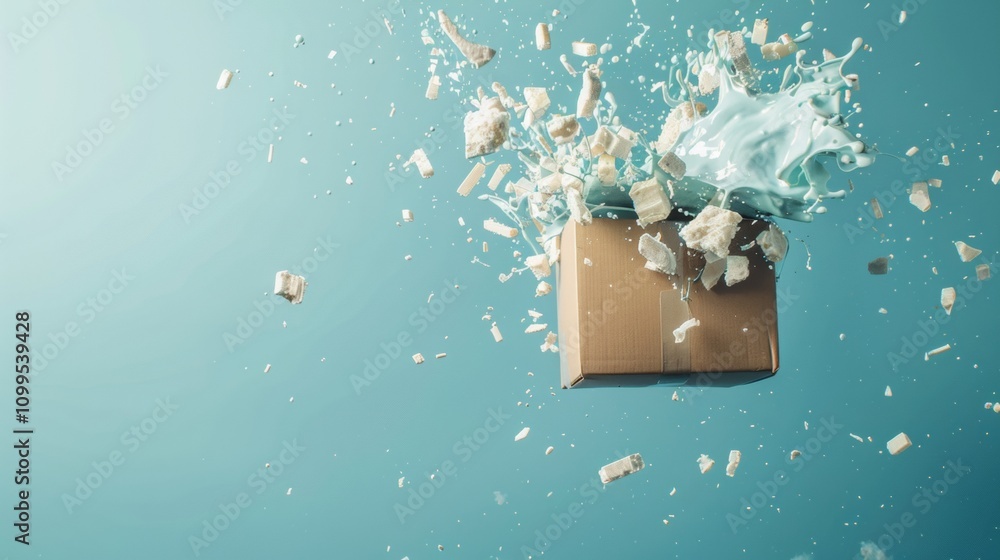 Poster exploding cardboard box with splashes of cream and fragments