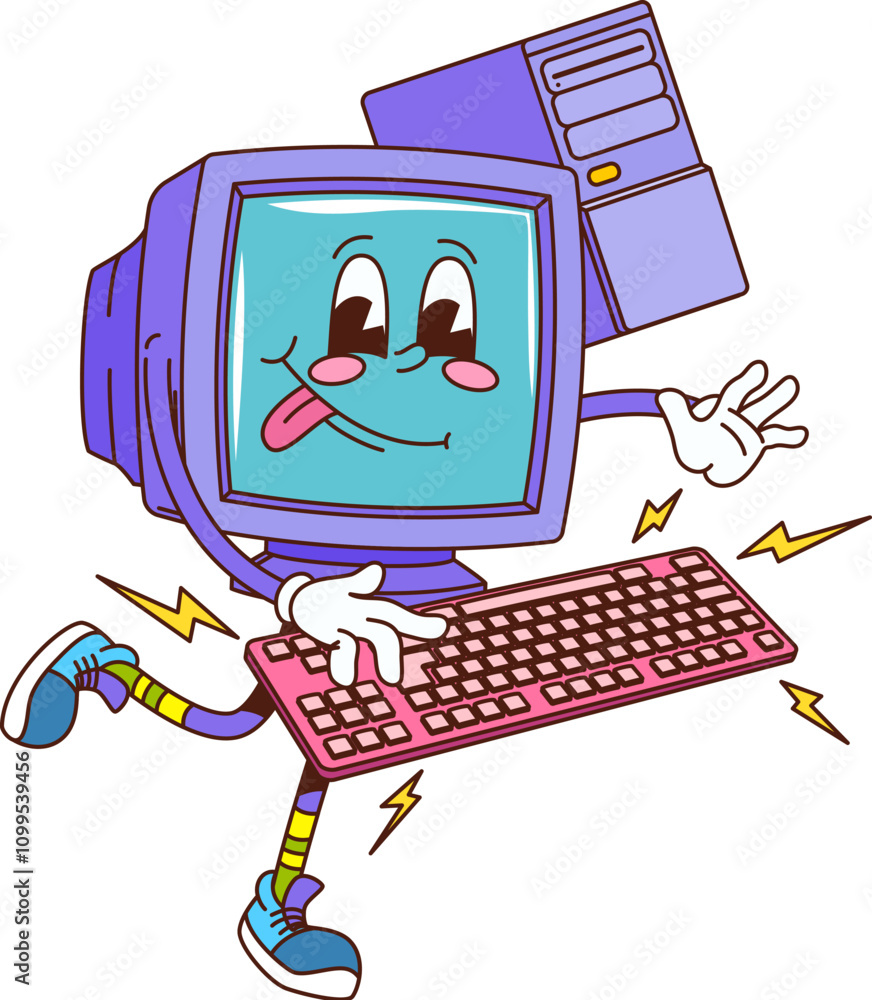 Aufkleber retro groovy computer monitor character typing on keyboard. cartoon vector vintage pc personage capt