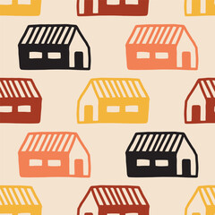 Vector seamless pattern with little colorful houses. Modern design for fabric and paper, surface textures. 