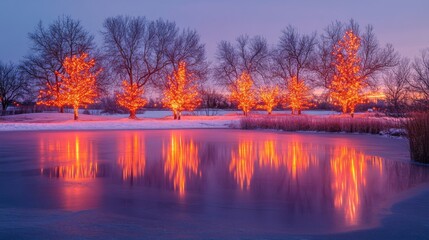 Fototapeta premium Illuminated Winter Trees Reflecting In Frozen Pond