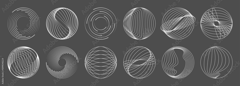 Poster Line round spiral shapes, concentric geometric wave swirl. Vector set of abstract vortex circles, dynamic circular ripples, thin radial bursts, curve whirlwind sonars. White whirlwind looping patterns