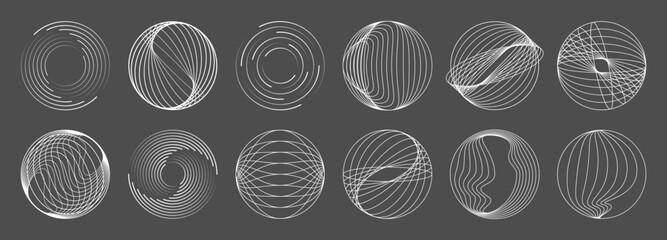 Line round spiral shapes, concentric geometric wave swirl. Vector set of abstract vortex circles, dynamic circular ripples, thin radial bursts, curve whirlwind sonars. White whirlwind looping patterns