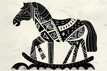 Fototapeta premium A stylized rocking horse featuring intricate black and white patterns.