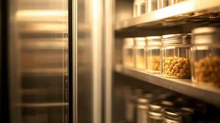 A close-up view of glass jars filled with various ingredients, neatly arranged on a shelf in a modern storage unit or pantry.
