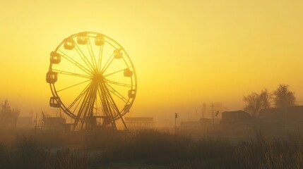 Silhouetted Ferris wheel at sunrise in a misty abandoned amusement park.