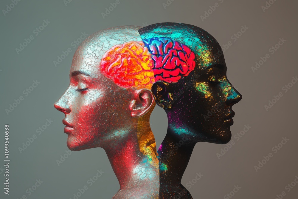 Poster two individuals illustrating the balance between logical and abstract thought with vibrant brain sha