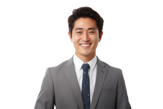 Smiling asian businessmen in suit on transparent background. Men in work clothes. Rich men. Business boss. Boss of a start-up. Asian men. Chinese men. Japanese men. Isolated image.. Png cut out