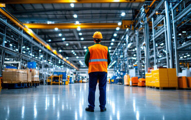 Obraz premium A worker in a safety vest and helmet stands in a spacious industrial warehouse, surrounded by shelves and boxes, emphasizing workplace safety and logistics.