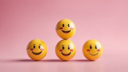 Obraz premium Three smiley face balls arranged in a pyramid on a pink background