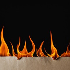 Flames burning at the edge of brown paper against black background