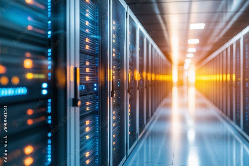 Poster view inside a bustling data center featuring numerous active server racks