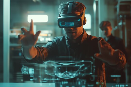 Virtual reality headset-clad computer science engineer interacts with 3D holographic model while colleagues work in a bustling engineering office - Powered by Adobe