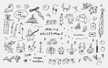 Obraz premium Hand-drawn doodle Christmas icons set for greeting cards, posters, packaging, and social media, vector