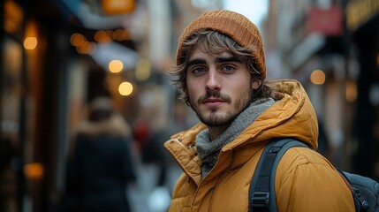 Fototapeta premium A man wearing a jacket and carrying a backpack walks along a bustling city street.