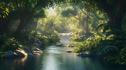 Obraz premium Sunlit Stream Flows Through Lush Tropical Rainforest