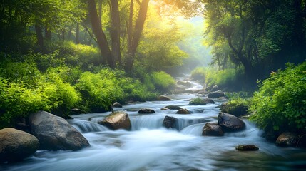 Obraz premium Serene Forest Stream Flowing Through Rocks And Lush Greenery