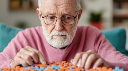 Elderly man intently solving math puzzles engaging his cognitive skills and mental faculties to maintain a healthy and active lifestyle in retirement