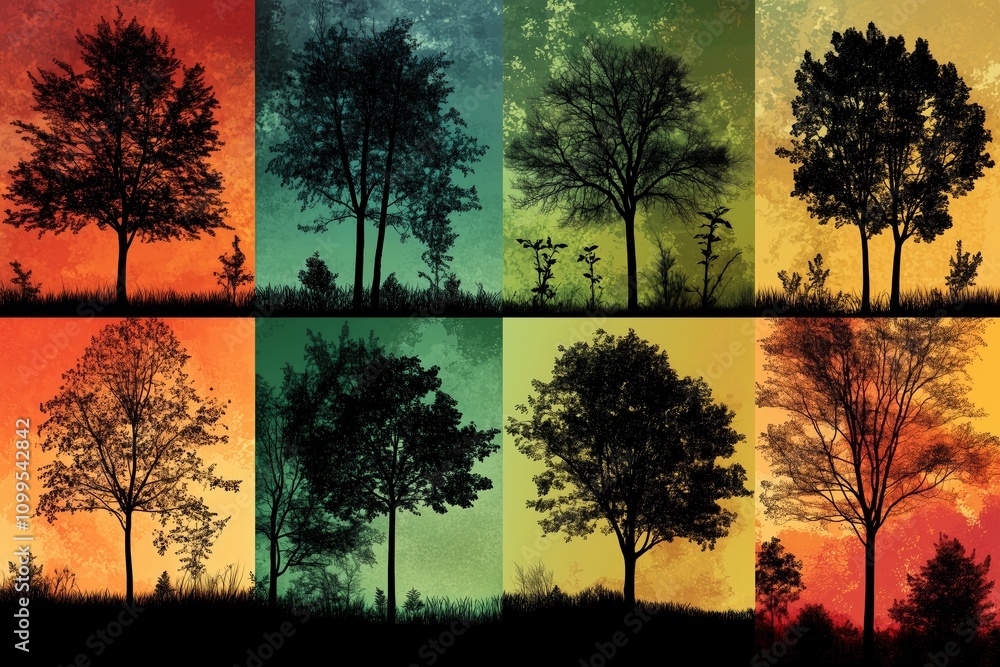 Poster silhouette collection of trees and additional vector versions enabling various tree and leaf designs