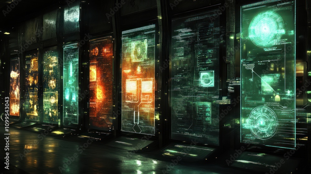 Poster futuristic server room with glowing digital displays showing various data.