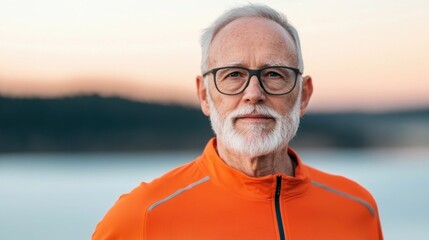 Elderly man with a determined expression jogs along a scenic lakeside trail demonstrating his dedication to maintaining an active and healthy lifestyle even in his later years