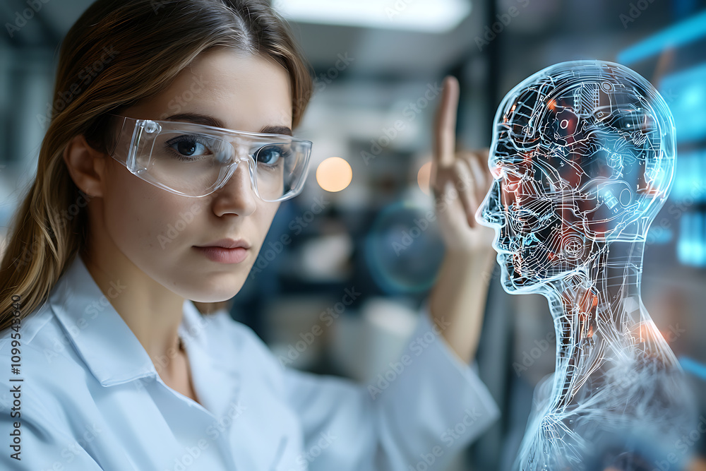 Poster ethics-focused ai team discussing data fairness in a high-tech laboratory environment engaging in in