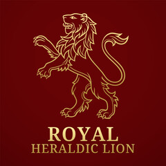 Lion. Royal heraldic emblem. Symbol of strength, courage and generosity. Lion standing on its hind legs, with front legs rushing to the combat. Tongue protruding from its mouth, tail raised upwards.