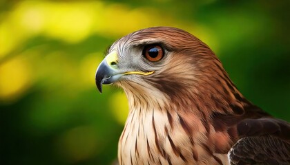 Fototapeta premium superb close-up photo of hawk sharp yellow eyes green leaf's background