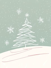 Obraz premium Minimalist Christmas Tree in Winter Wonderland - Simple Christmas scene, snowy landscape, single tree, falling snowflakes, serene winter. Symbolizing peace, simplicity, hope, joy, and the season.