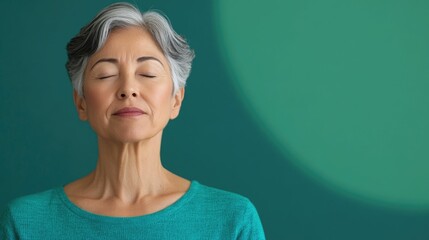 Elderly group of seniors engaged in mindful breathing exercises and meditation practice during a community wellness class focusing on healthy living stress relief and inner peace