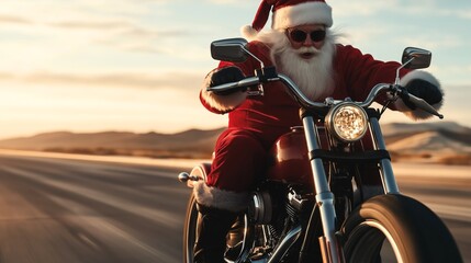 Fototapeta premium Santa Claus riding a motorcycle on an open road during sunset wearing sunglasses and full Santa attire