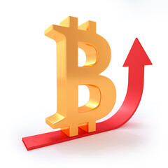Golden bitcoin sign with red growth arrow. 3d rendering. 