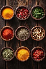 An overhead shot of colorful spices arranged in small bowls on a dark, textured wooden background. 