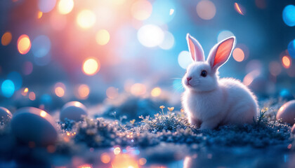 Obraz premium A fluffy white rabbit sits among shimmering eggs in a magical setting filled with soft, vibrant lights