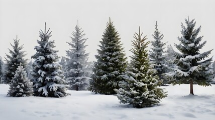 Collection of Christmas Trees with Snow isolated on transparent.
