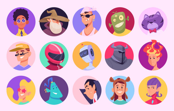 Web avatar. Emoticons with funny faces fairytale creatures animals mascots of games fantasy persons creepy masks exact vector avatars set in