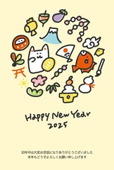 手描きの可愛い正月の縁起物の年賀状　2025